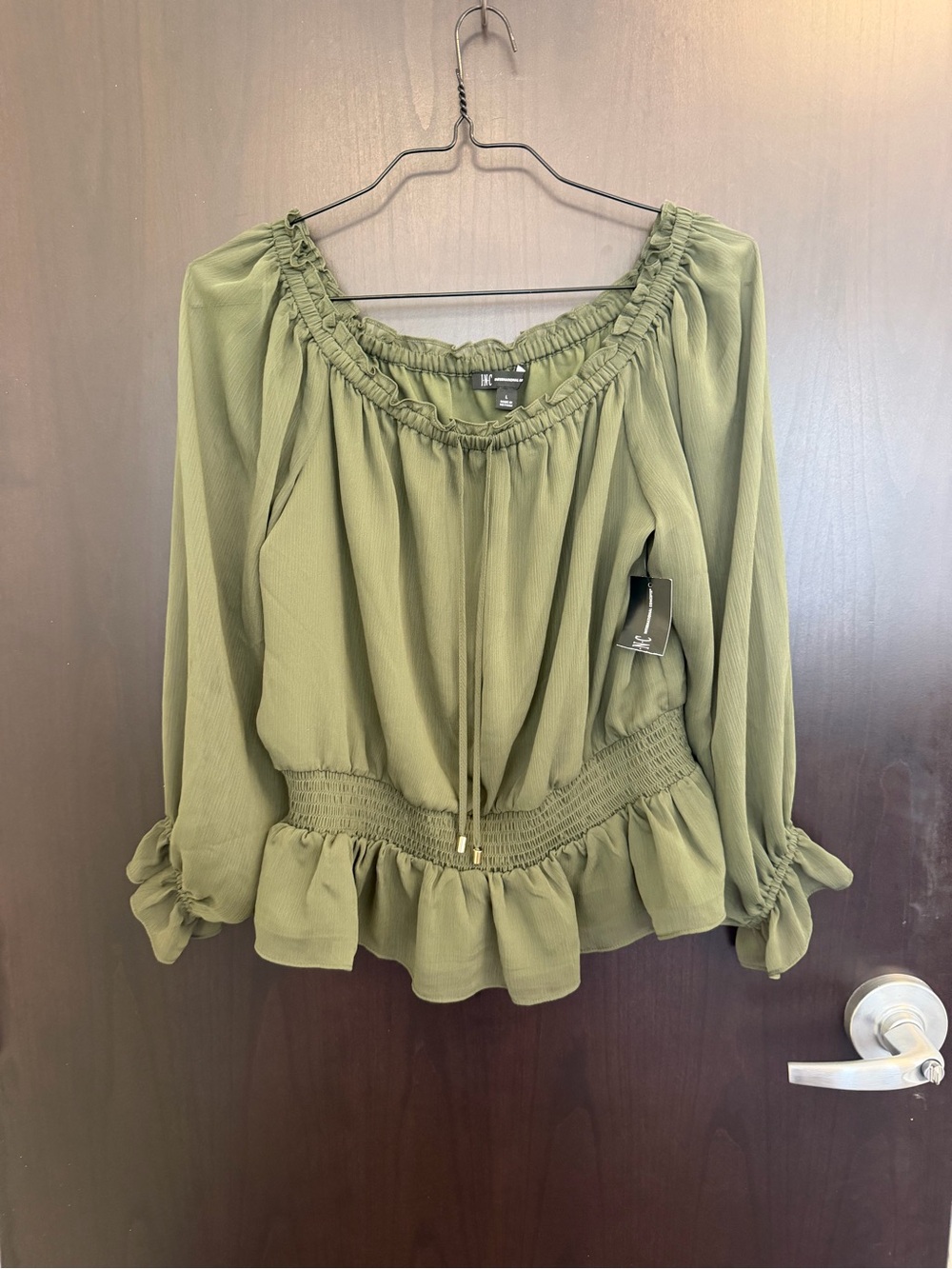 Women’s Olive Green Peasant Blouse with Smocked Waist Size Large - Picture 2 of 6
